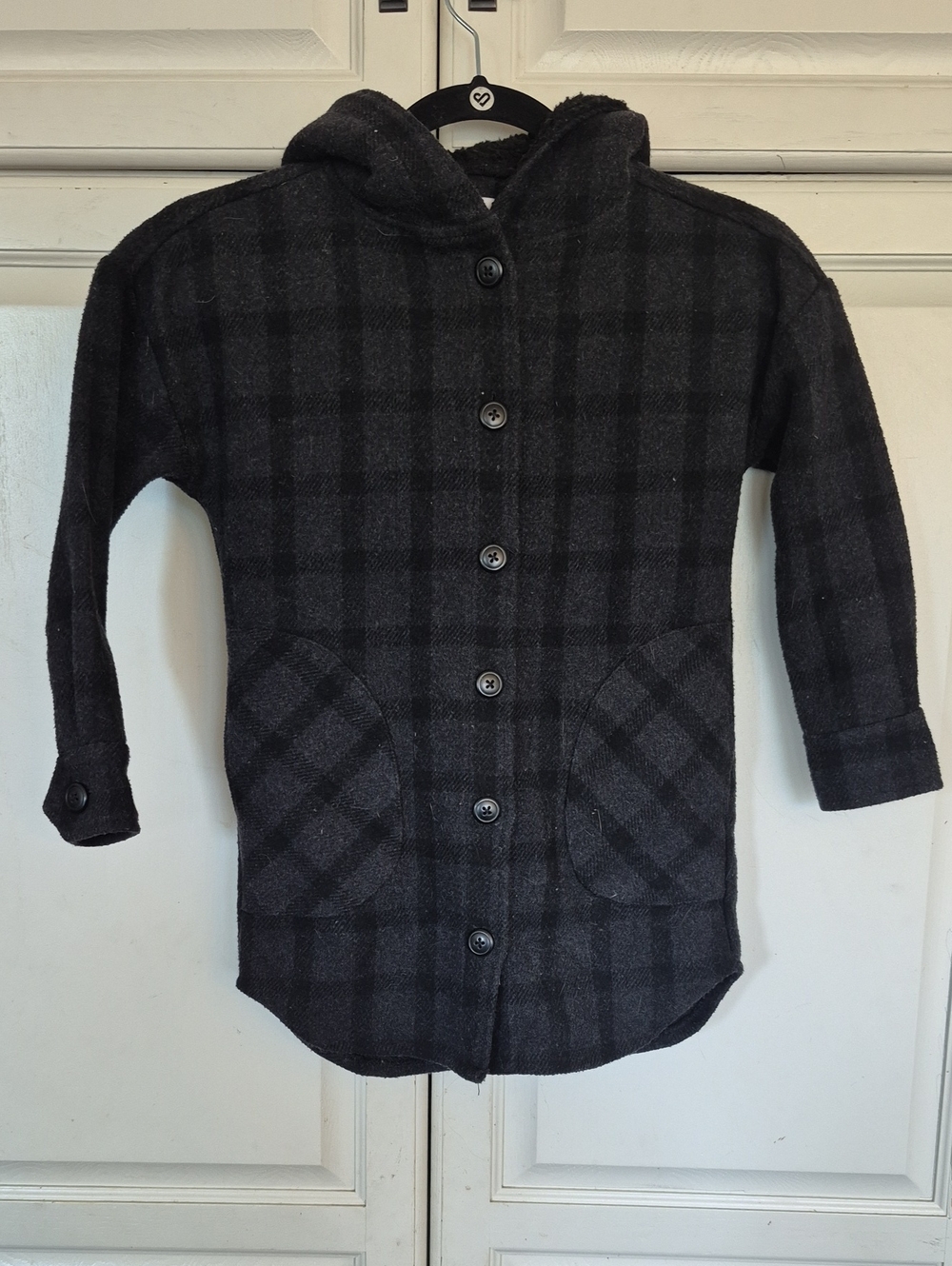 Kids Hooded Button-Front Pea Coat in Dark Gray Plaid